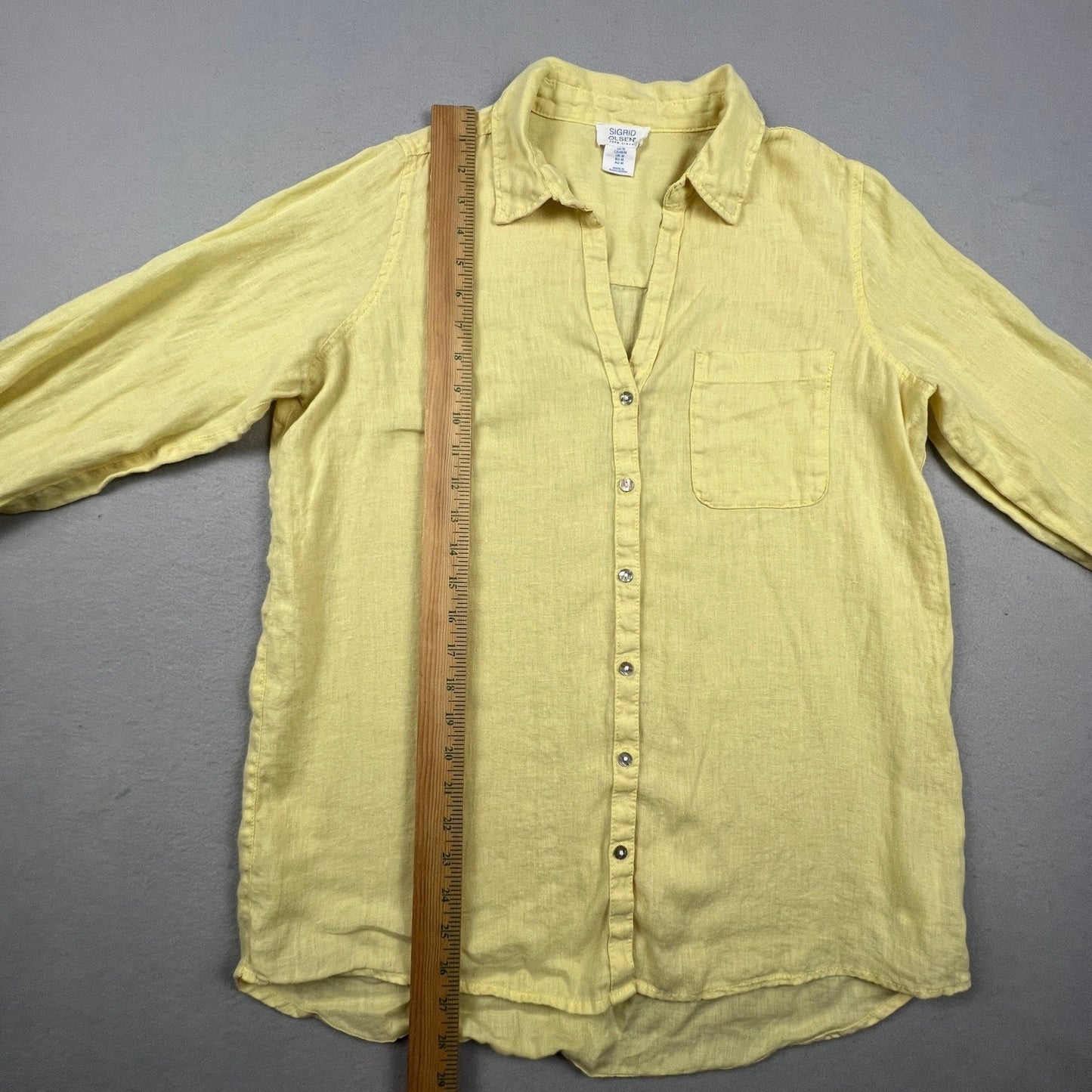 Sigrid Olsen Linen Button Down Shirt Women Medium Yellow Roll Tab Coastal Summer