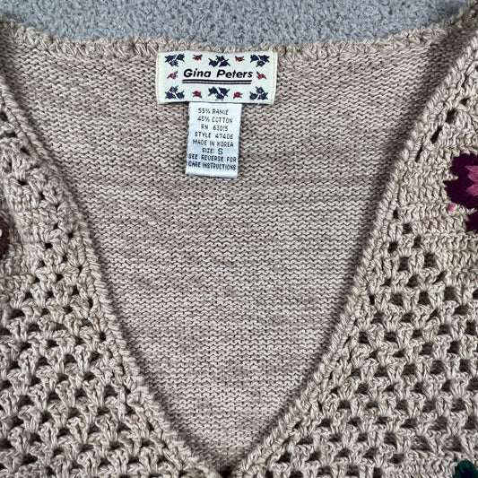 Vintage Crochet Knit Sweater Vest Small Embroidered Grandmacore Cottagecore