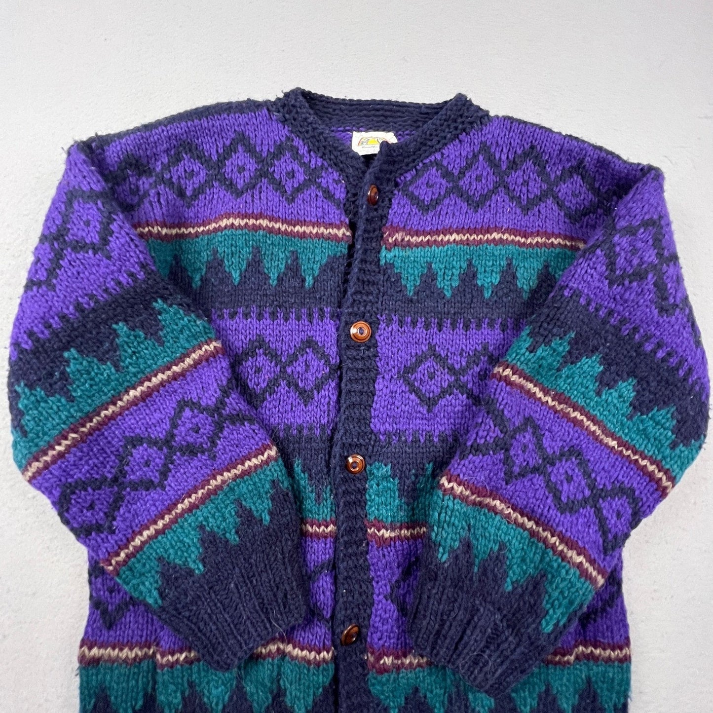 Rainbow Crafts Cardigan Mens L Purple Merino Wool Geometric Knit Ecuador Boho