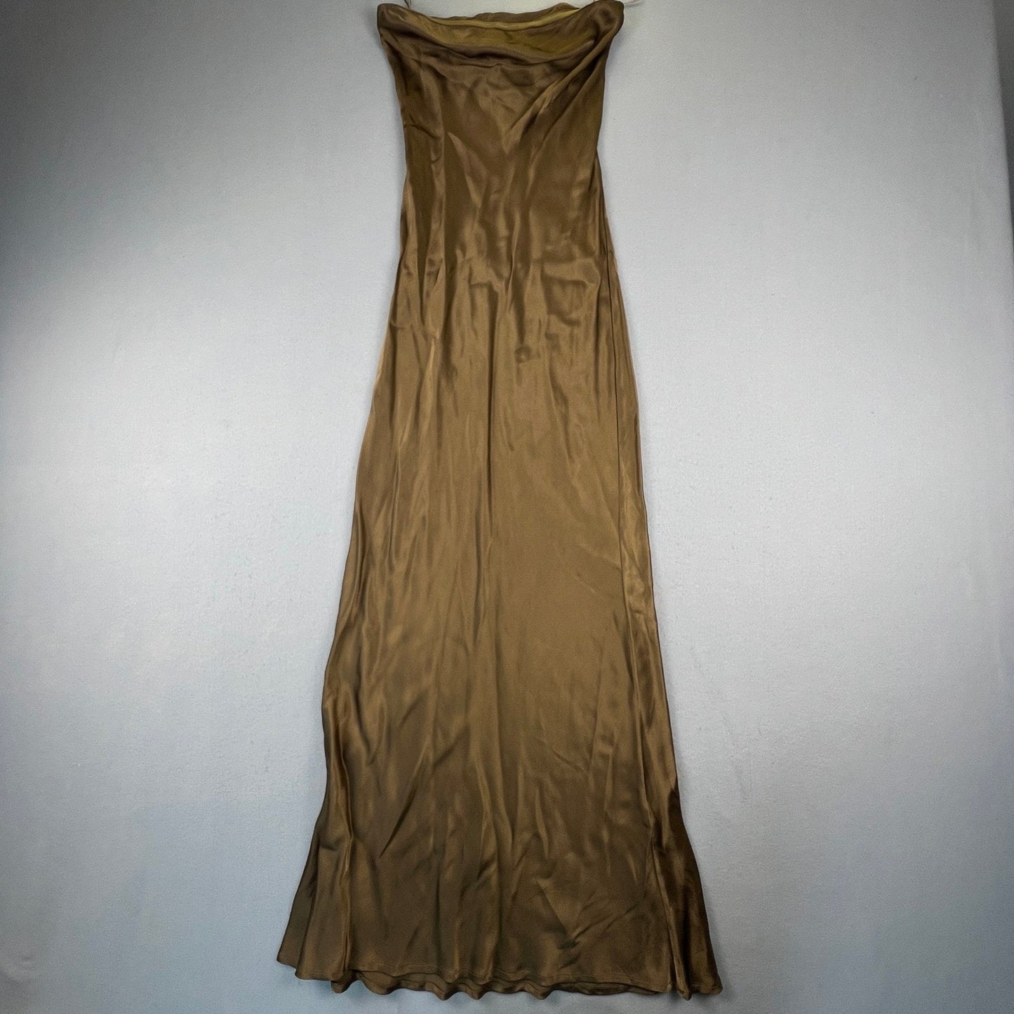 Strapless Maxi Dress S Bronze Brown Satin Formal Gown Minimalist Bridal Party
