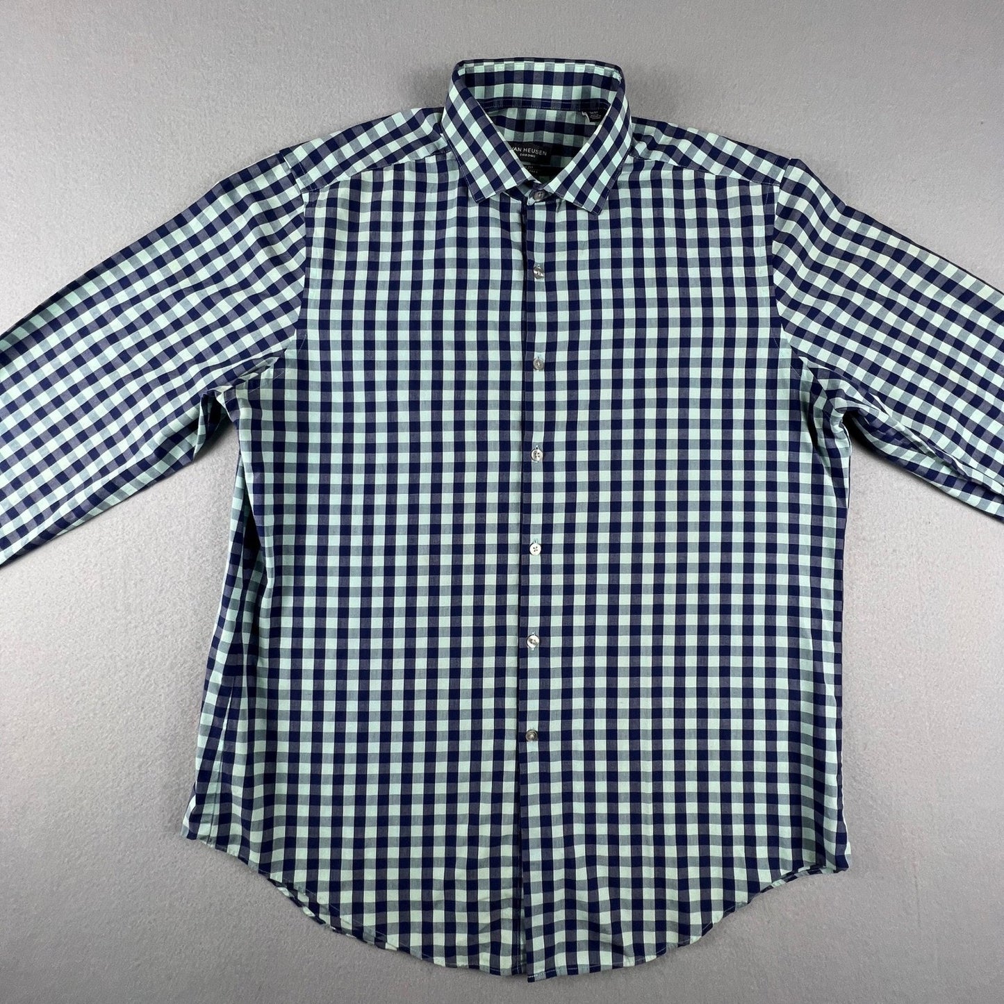 Van Heusen Button Down Shirt Men 16-16.5 Gingham Slim Fit Wrinkle Free Office