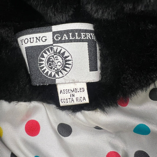 VTG 90s Young Gallery Faux Fur Jacket OS Black Pom Pom Polka Dot Lined Quilted