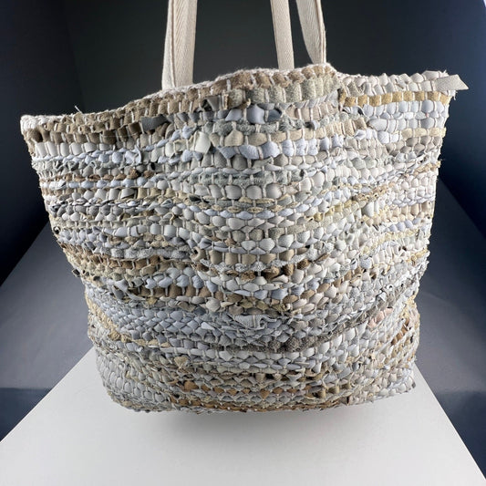 Handcrafted Upcycled Woven Tote Bag Large Neutral Boho Eco-Friendly Beach Travel