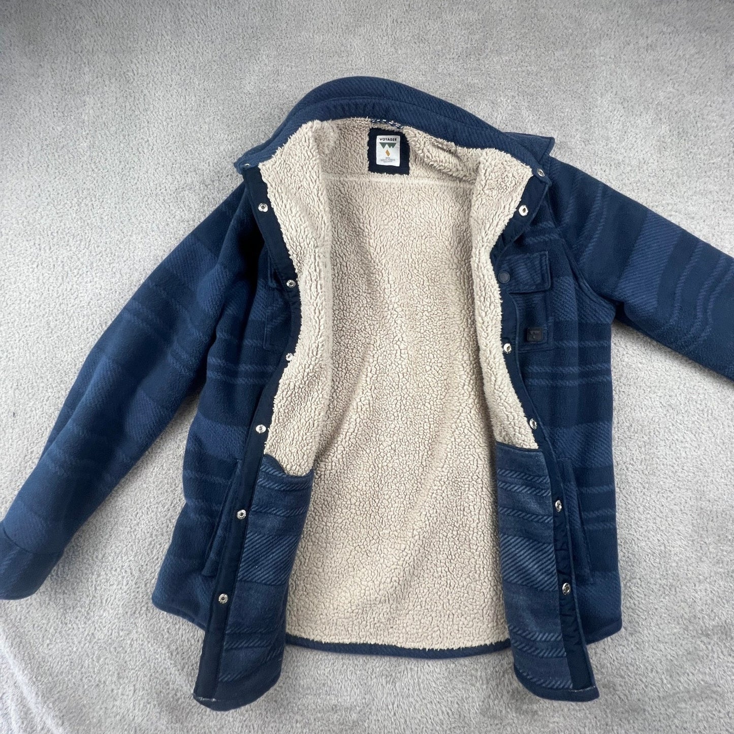 Voyager Mens Blue Striped Sherpa Lined Fleece Shirt Jacket Shacket Medium