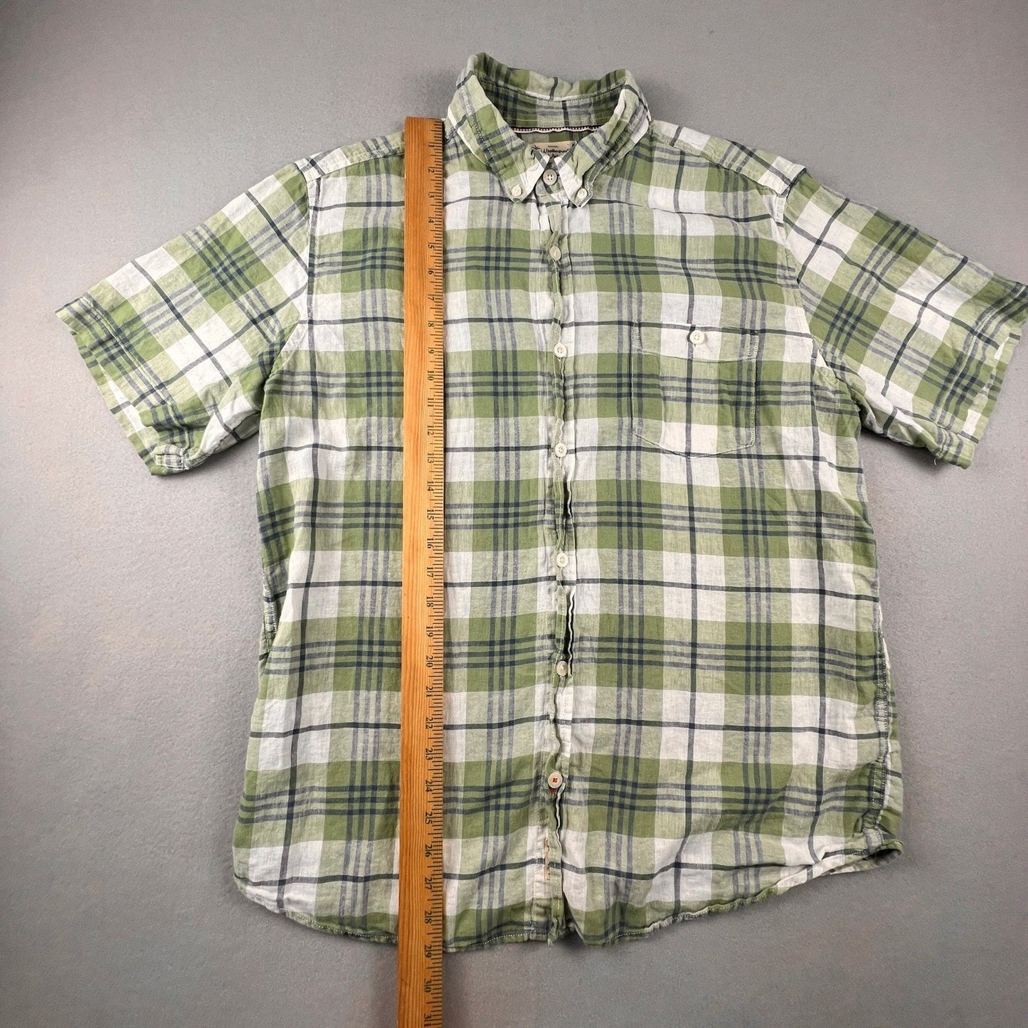 Weatherproof Vintage Plaid Shirt Mens XL Green Linen Blend Short Sleeve Casual