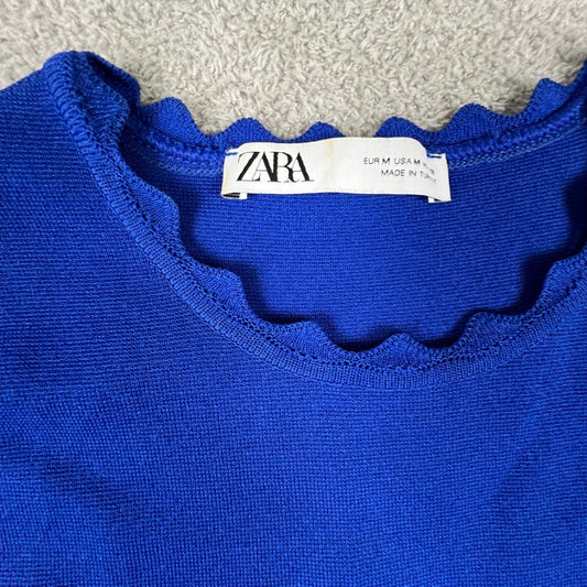 Zara Knit Midi Dress Womens Medium Blue Scalloped Trim Bodycon Sleeveless Chic
