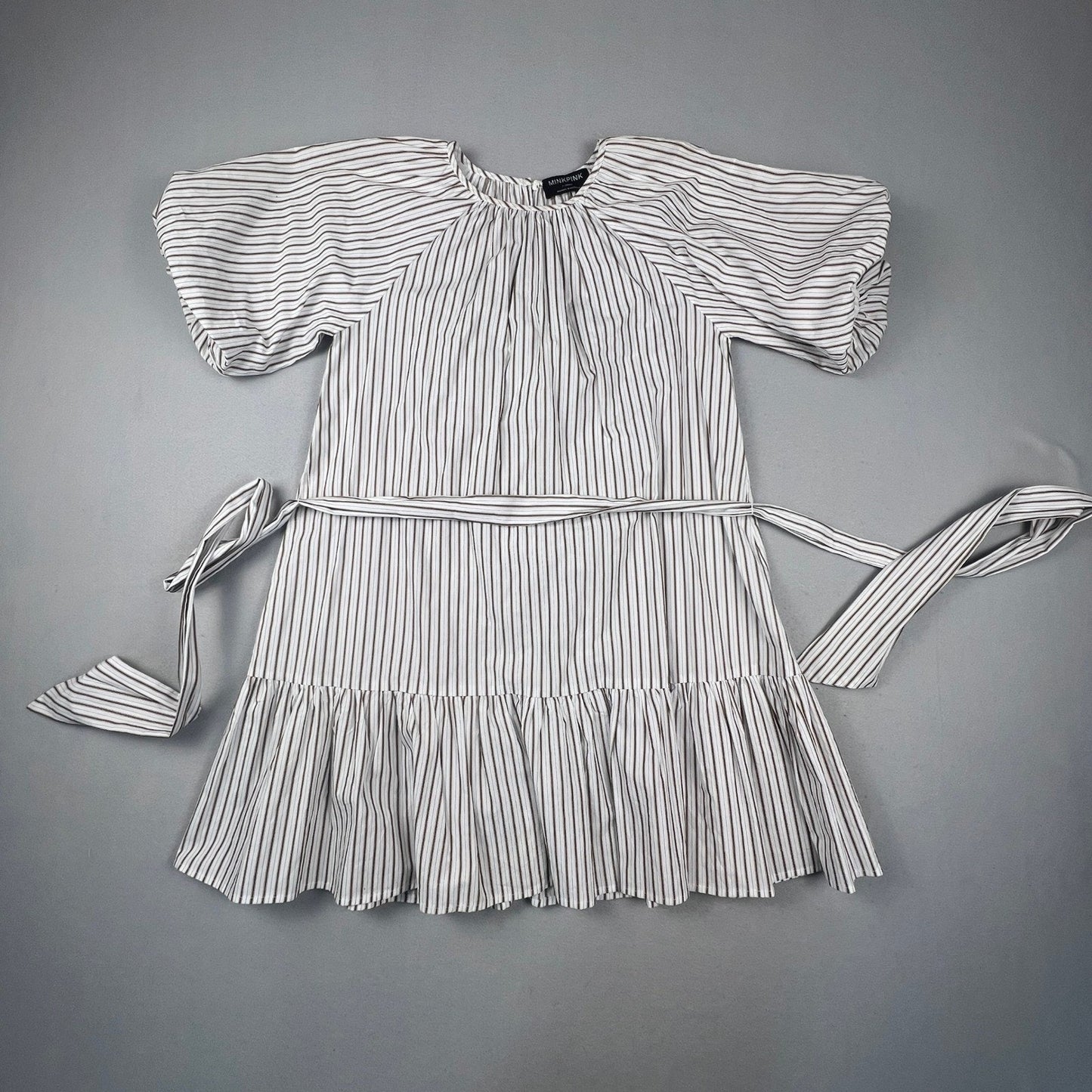 Minkpink Mini Dress Womens XS White Brown Striped Puff Sleeve Tiered Boho Summer