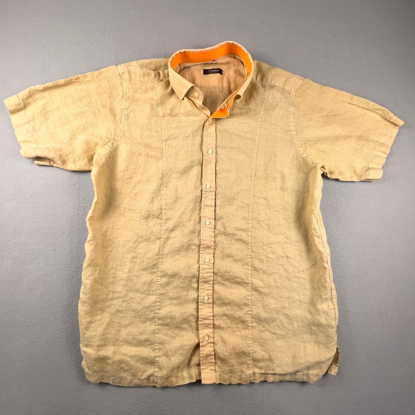 iTailor Button Down Shirt Mens XL Tan Orange Contrast Cotton Linen Beach Summer
