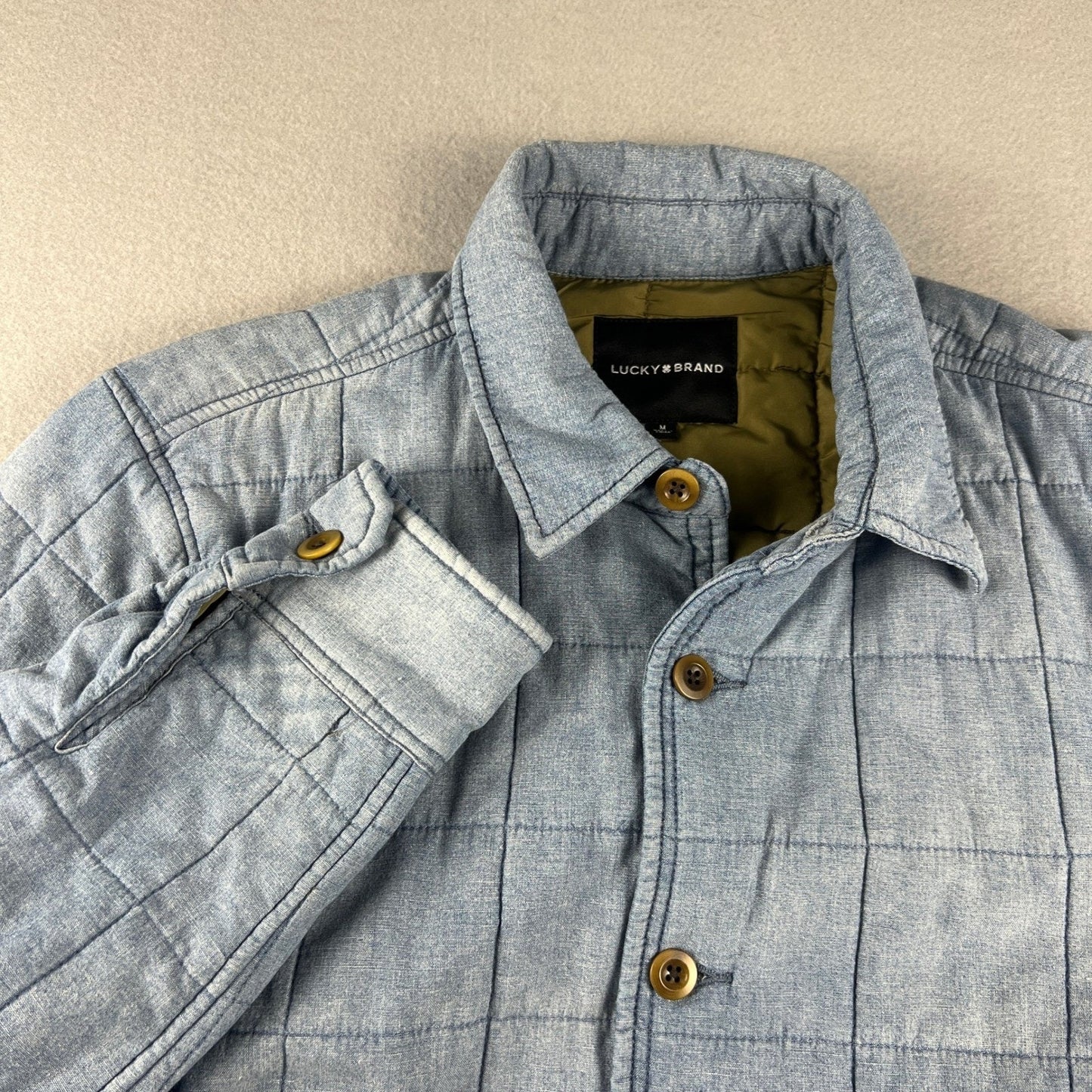 Lucky Brand Quilted Shirt Jacket Mens Medium Blue Cotton Linen Workwear Shacket