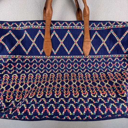 Boho Weekender Travel Bag Large Blue Embroidered Geometric Tote Carry On