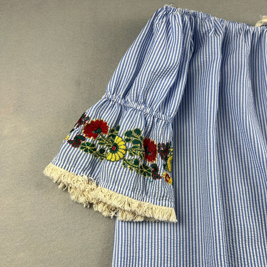 Off Shoulder Seersucker Dress Stripe Embroidered Bell Sleeve Boho Cottagecore