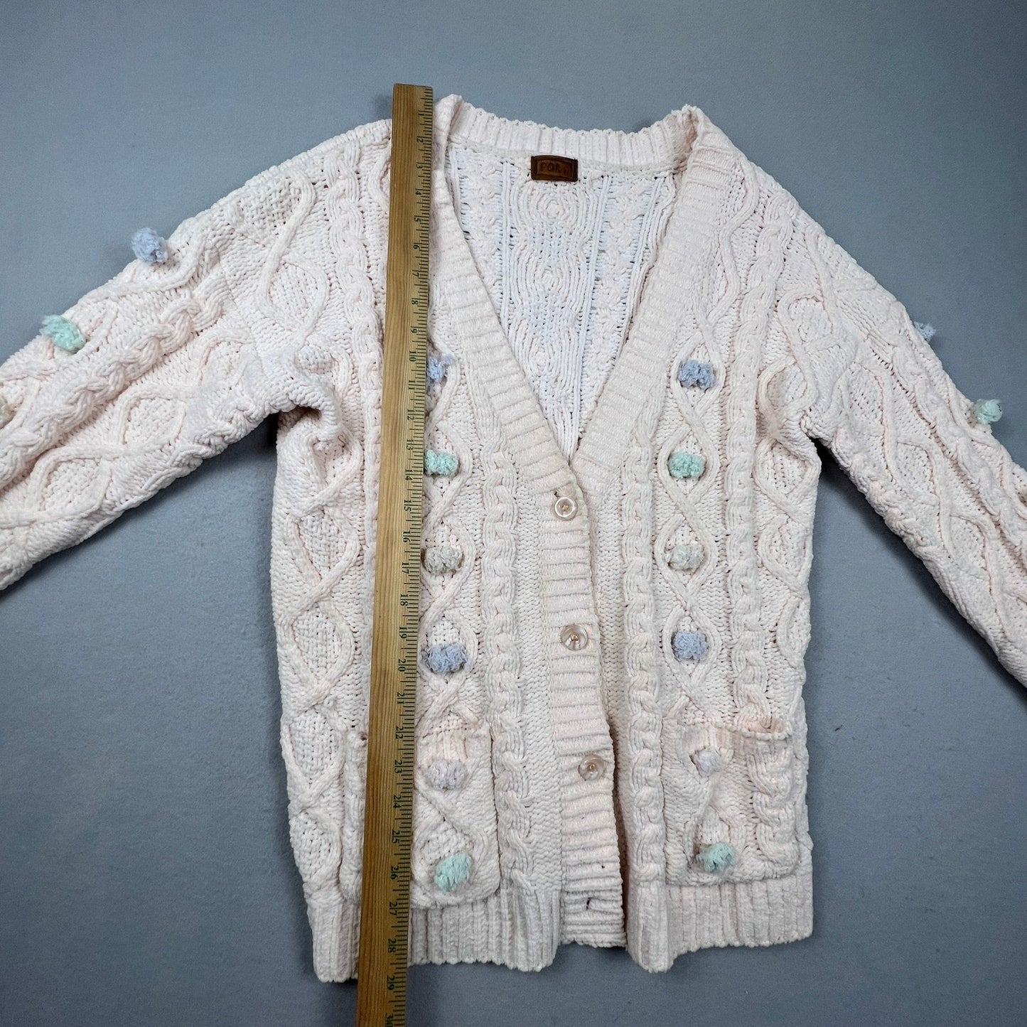 POL Cardigan Sweater Women Medium Cream Chenille Cable Knit Pom Pom Coquette