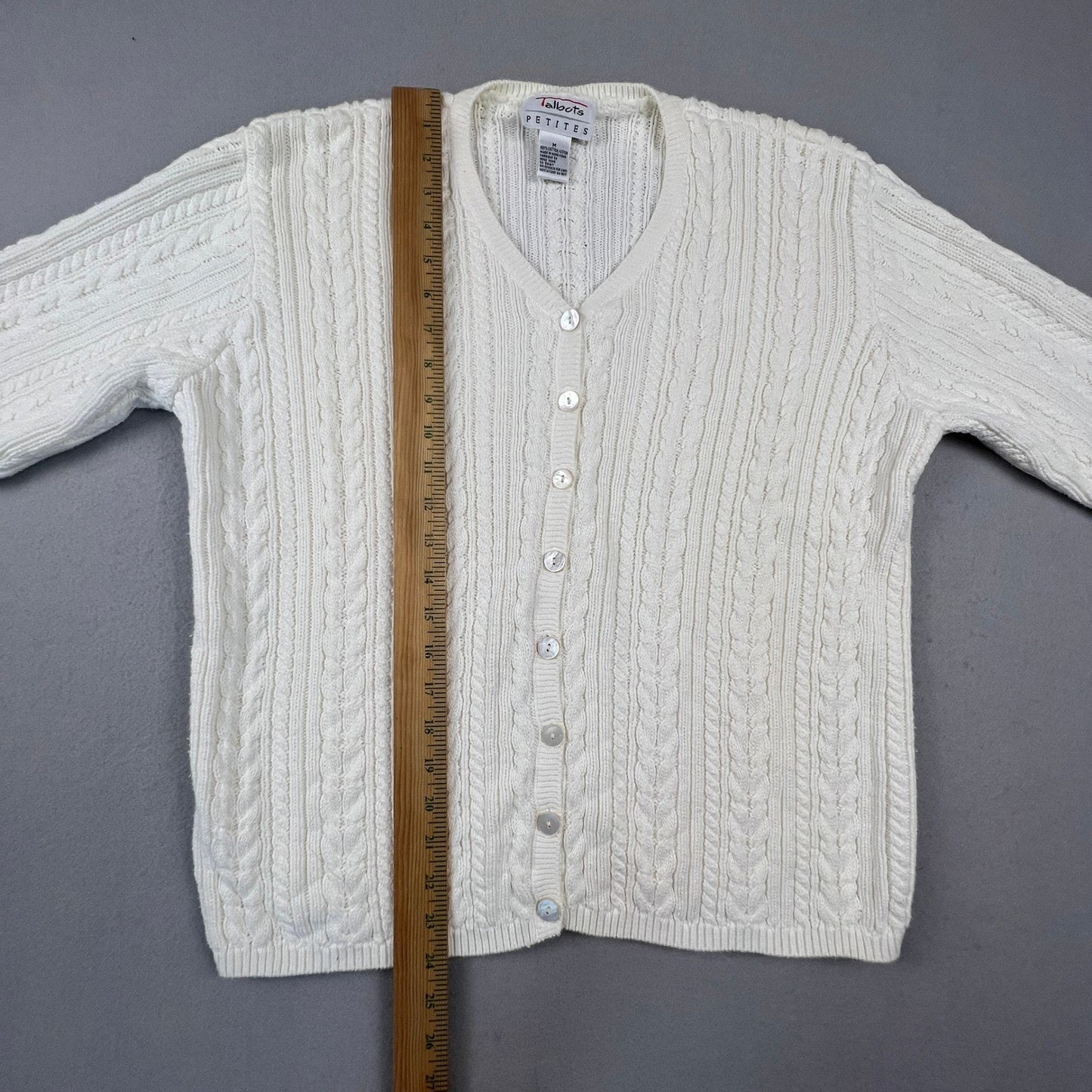 VTG Talbots Cardigan Sweater Womens Medium Petite White Cotton Cable Knit Preppy