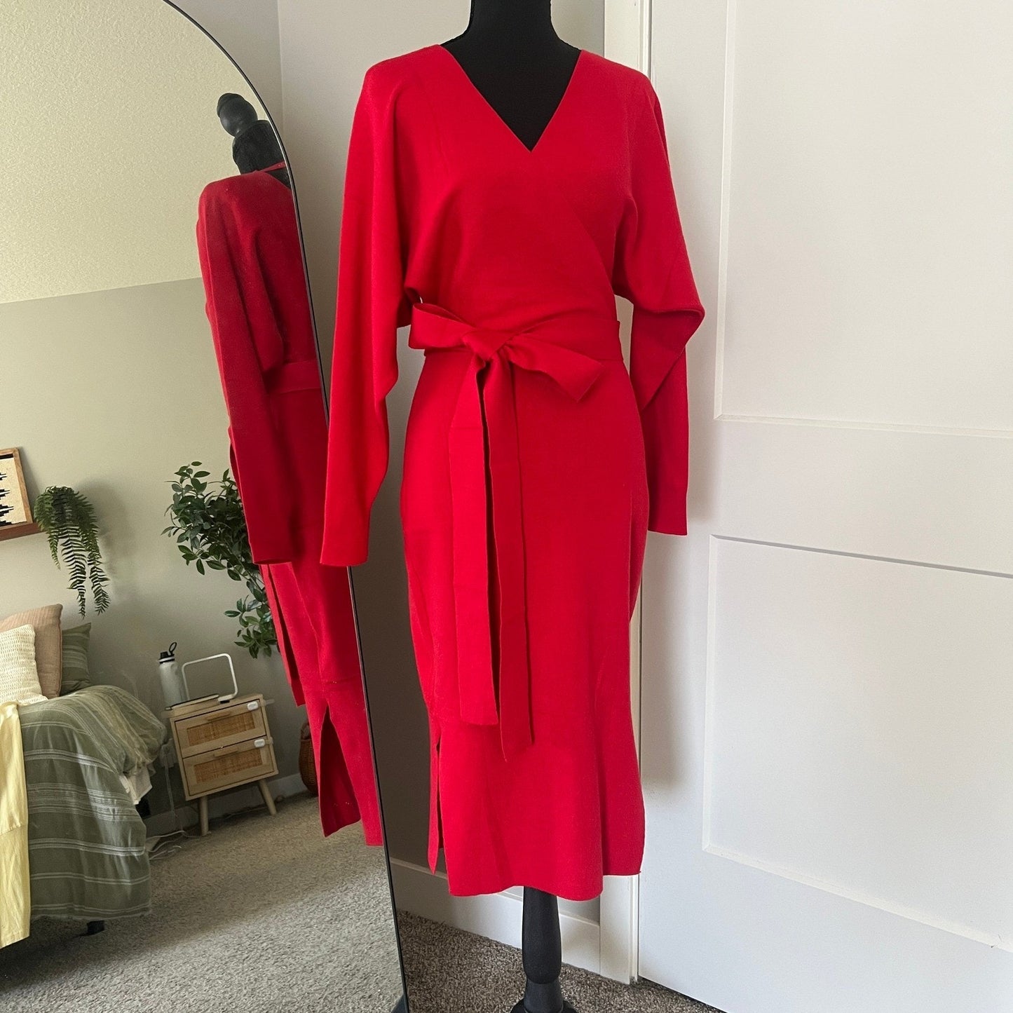 Knit Wrap Midi Dress Women M Red Tie Waist Long Sleeve Cocktail Dress Datenight