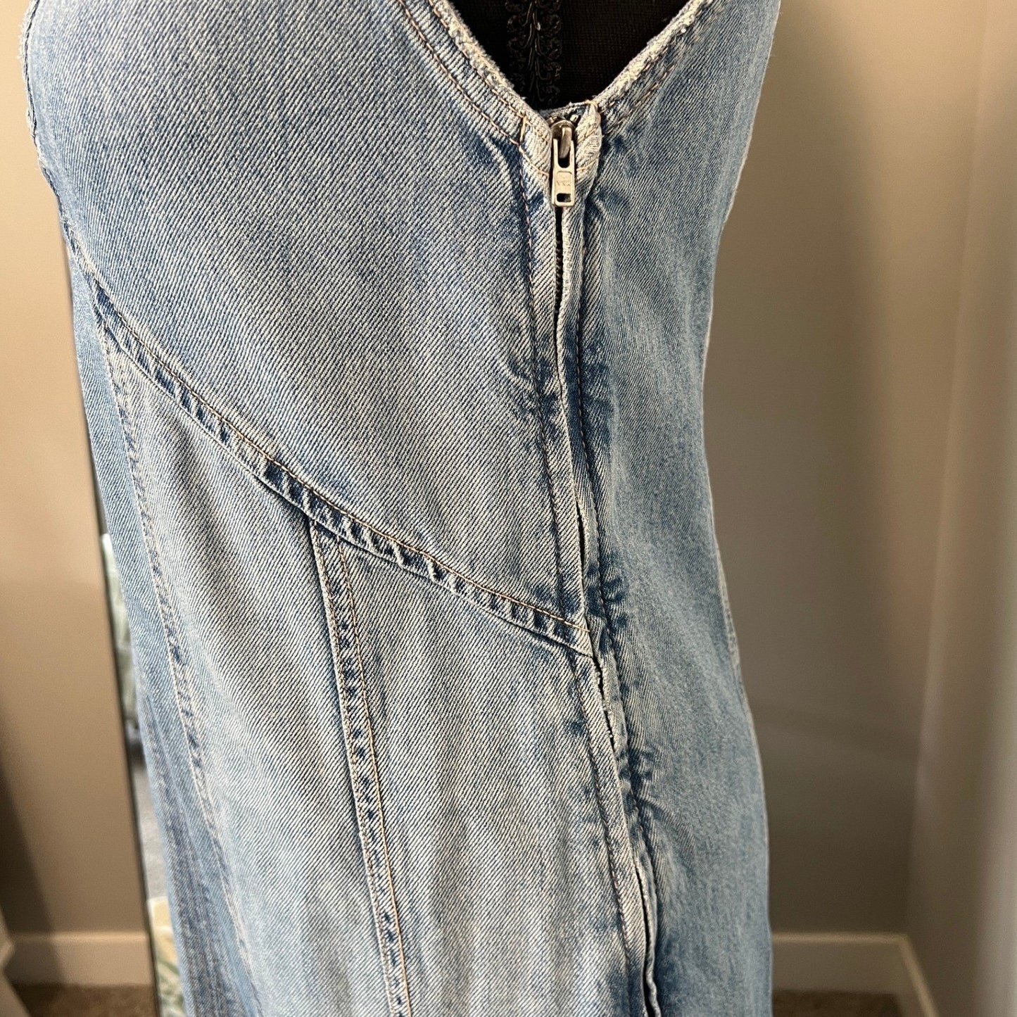 Zara Denim Maxi Dress Womens S Blue V-Neck Sleeveless Seam Detail Boho Casual