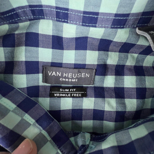 Van Heusen Button Down Shirt Men 16-16.5 Gingham Slim Fit Wrinkle Free Office