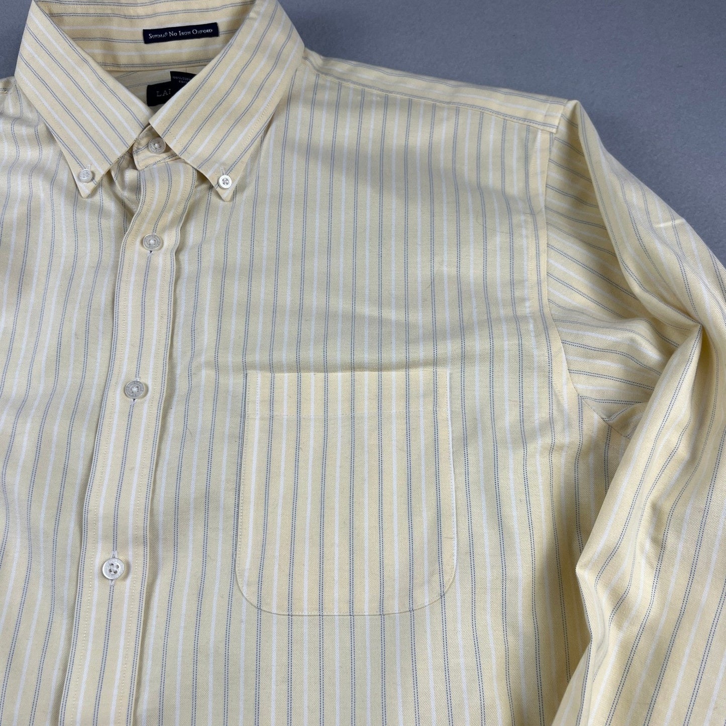 Lands' End Button Down Shirt Mens L 16-16.5 Yellow Stripe Supima No Iron Oxford