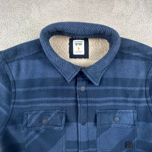Voyager Mens Blue Striped Sherpa Lined Fleece Shirt Jacket Shacket Medium