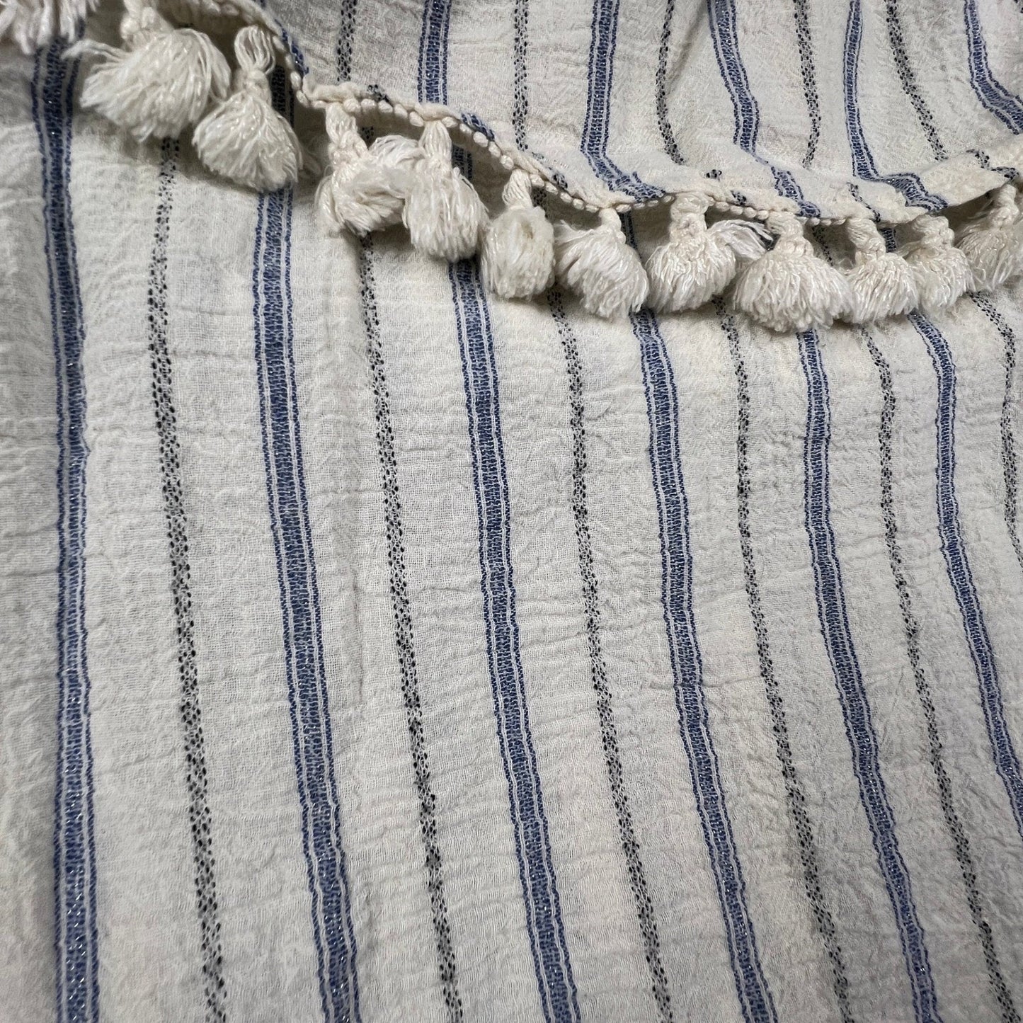 Artisan NY Off Shoulder Top Womens Small White Blue Striped Pom Pom Boho Blouse
