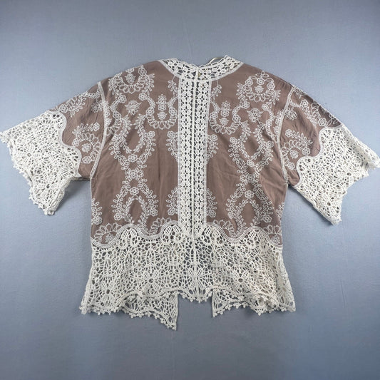 Crochet Lace Kimono Cardigan Womens M Brown Embroidered Boho Sheer Layer