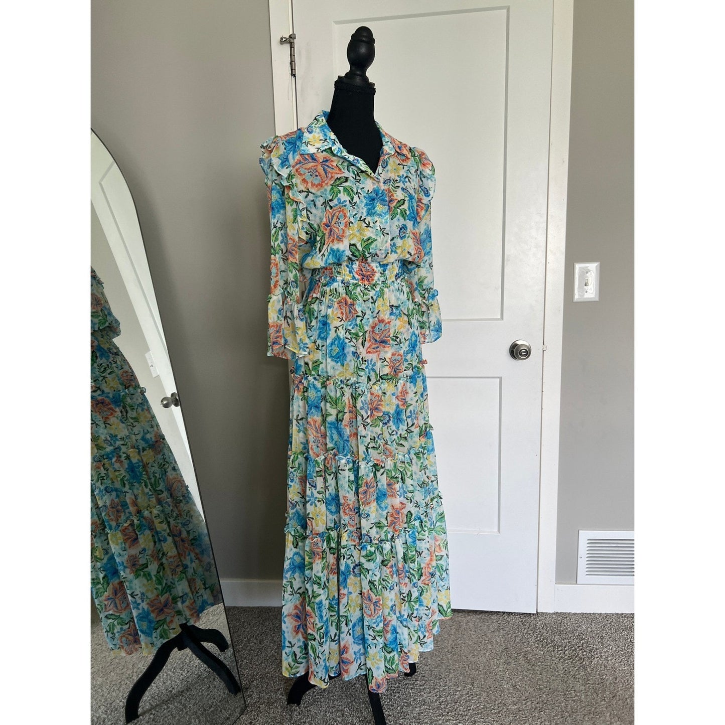 MISA Los Angeles Maxi Dress Womens S Blue Orange Floral Tiered Smocked Boho Luxe