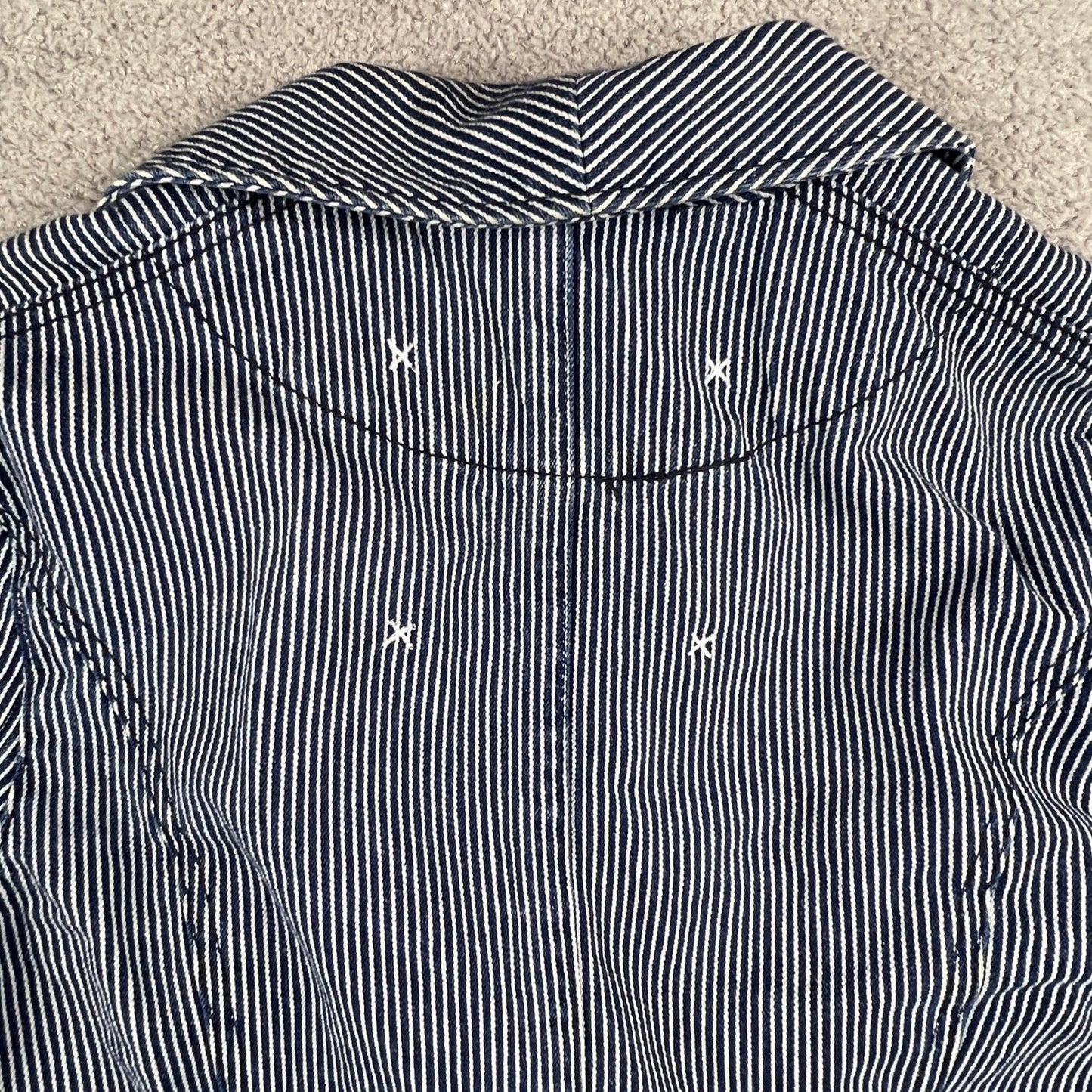 BB Dakota Hickory Stripe Denim Blazer Womens Medium Blue Fitted Peplum Jacket