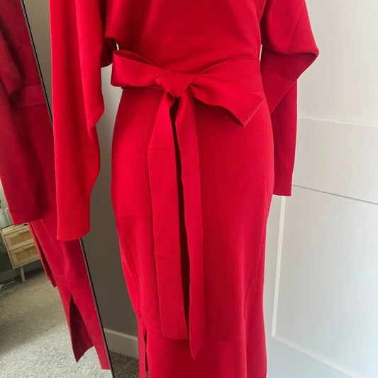Knit Wrap Midi Dress Women M Red Tie Waist Long Sleeve Cocktail Dress Datenight
