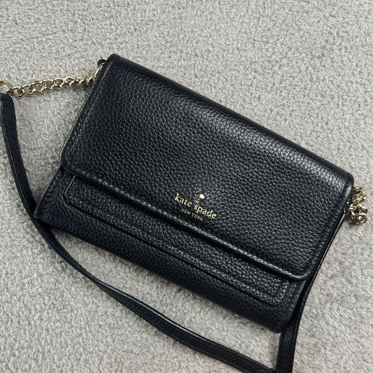 Kate Spade Black Pebbled Leather Crossbody Bag Gold Chain Strap Clutch Wallet