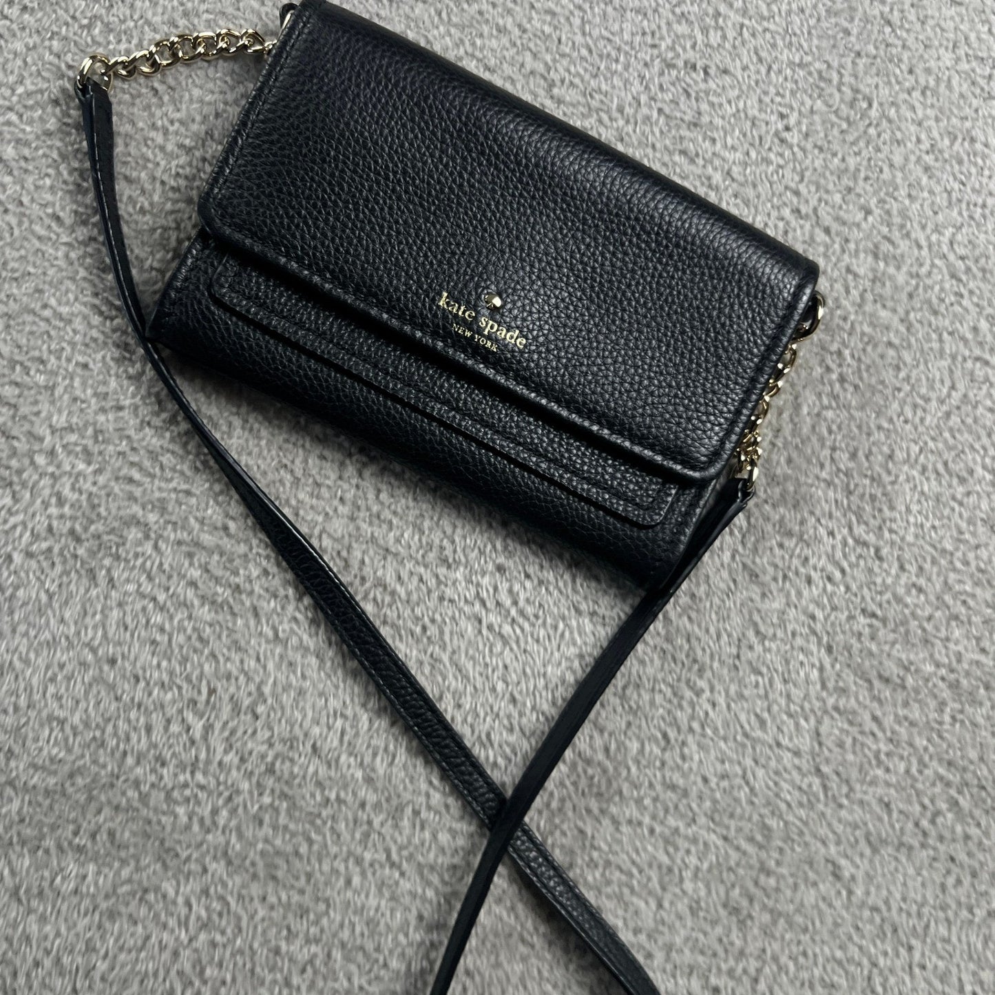 Kate Spade Black Pebbled Leather Crossbody Bag Gold Chain Strap Clutch Wallet