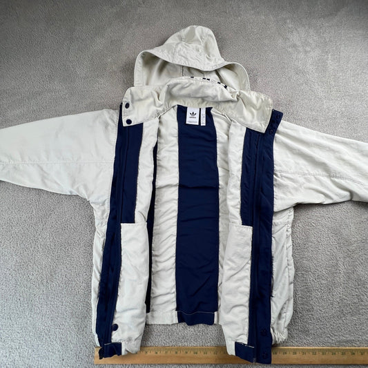 Adidas Windbreaker Jacket Mens Medium Cream Navy Blue Colorblock Trefoil Sporty