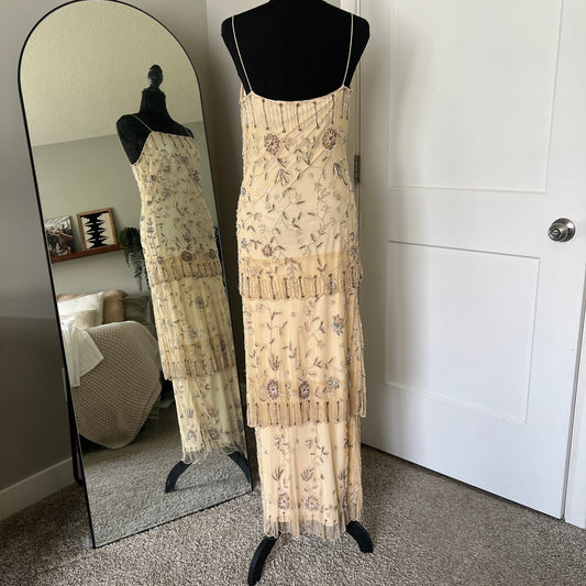 Vintage Style Beaded Dress Small Champagne Sequin Flapper Gown Bridal Wedding