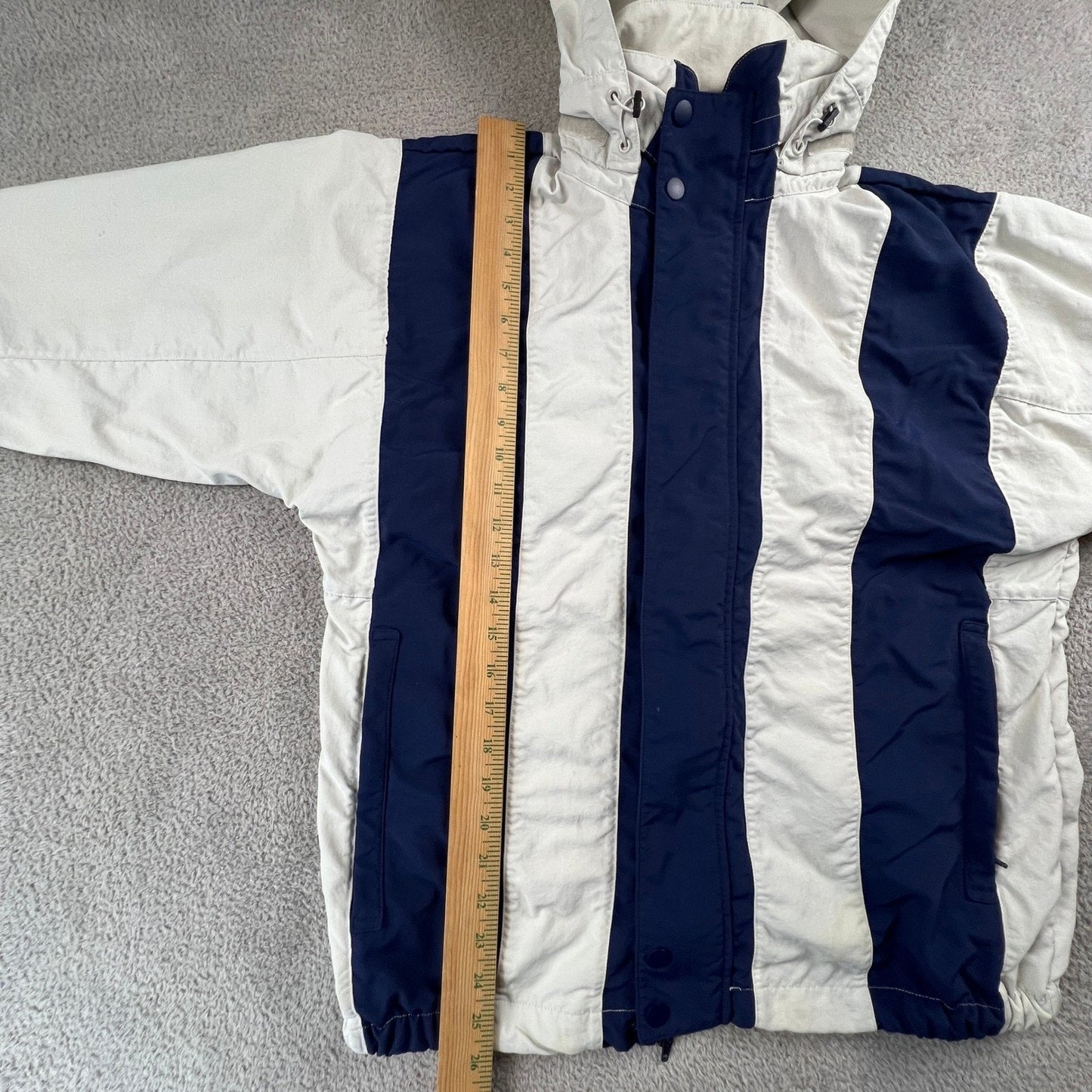 Adidas Windbreaker Jacket Mens Medium Cream Navy Blue Colorblock Trefoil Sporty