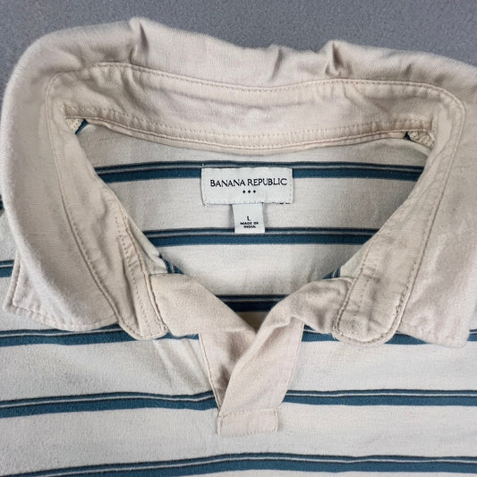 100% Cottong Banana Republic Polo Shirt Mens Large White Blue Striped Casual Preppy