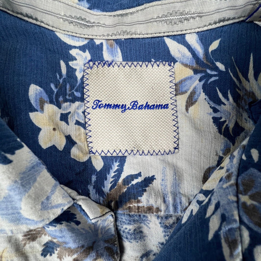 Tommy Bahama Button Front Shirt Mens L Blue Silk Hawaiian Palm Tree Island Aloha
