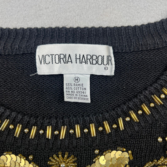 VTG 90s Victoria Harbour Sweater Women M Black Gold Sequin Beaded Party Glam