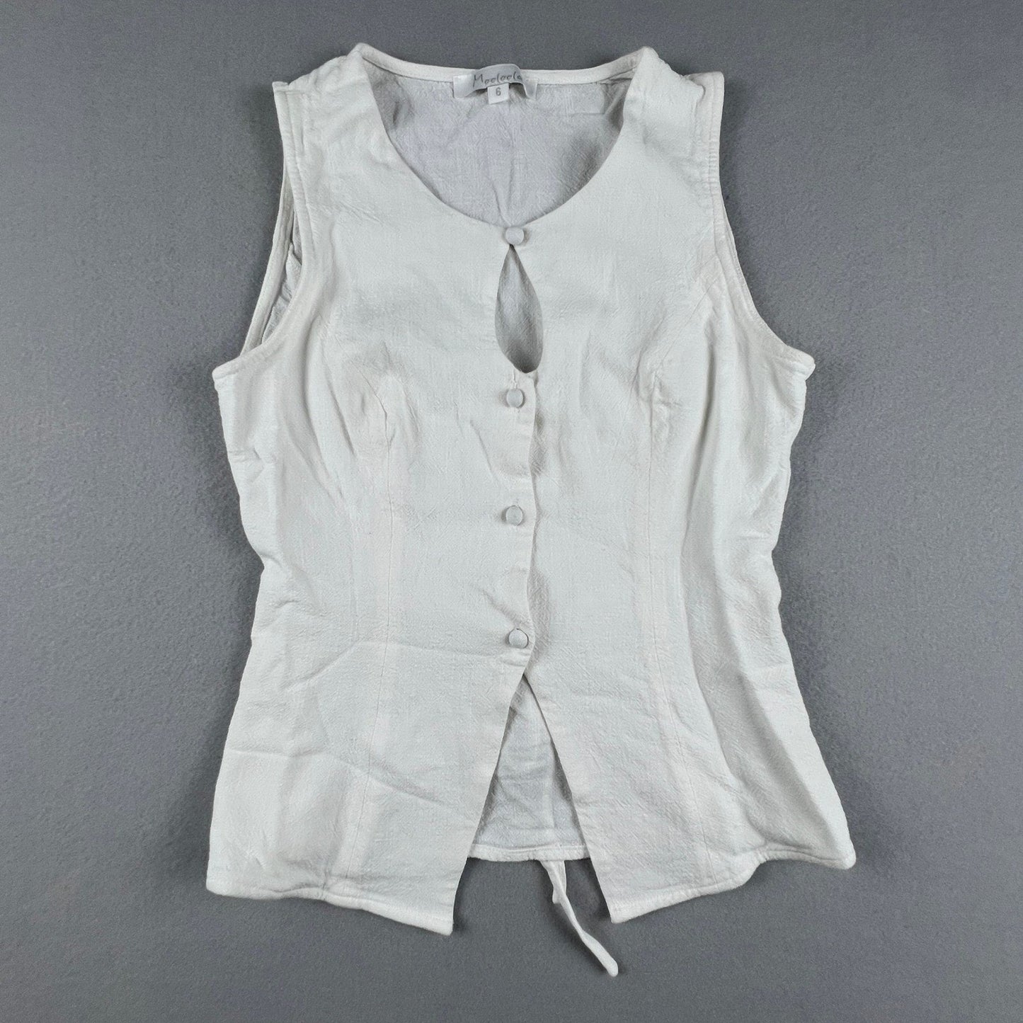 Button Front Vest Top Womens 6 White Keyhole Tie Back Textured Summer Boho