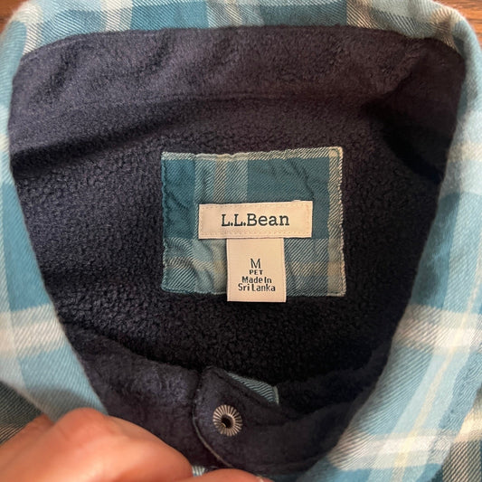 L.L. Bean Fleece Lined Shirt Jacket Mens Medium Plaid Teal/Cream Snap Button