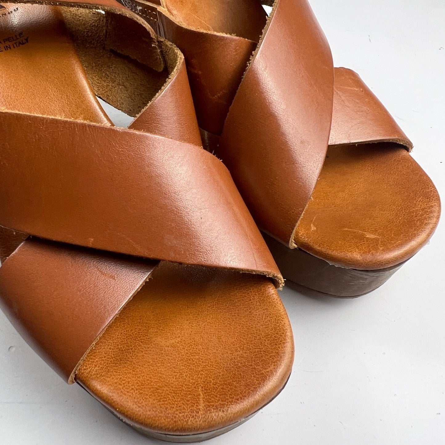Brown Leather Wood Block Heel Boho Retro Platform Sandals Made in Italy Size 7