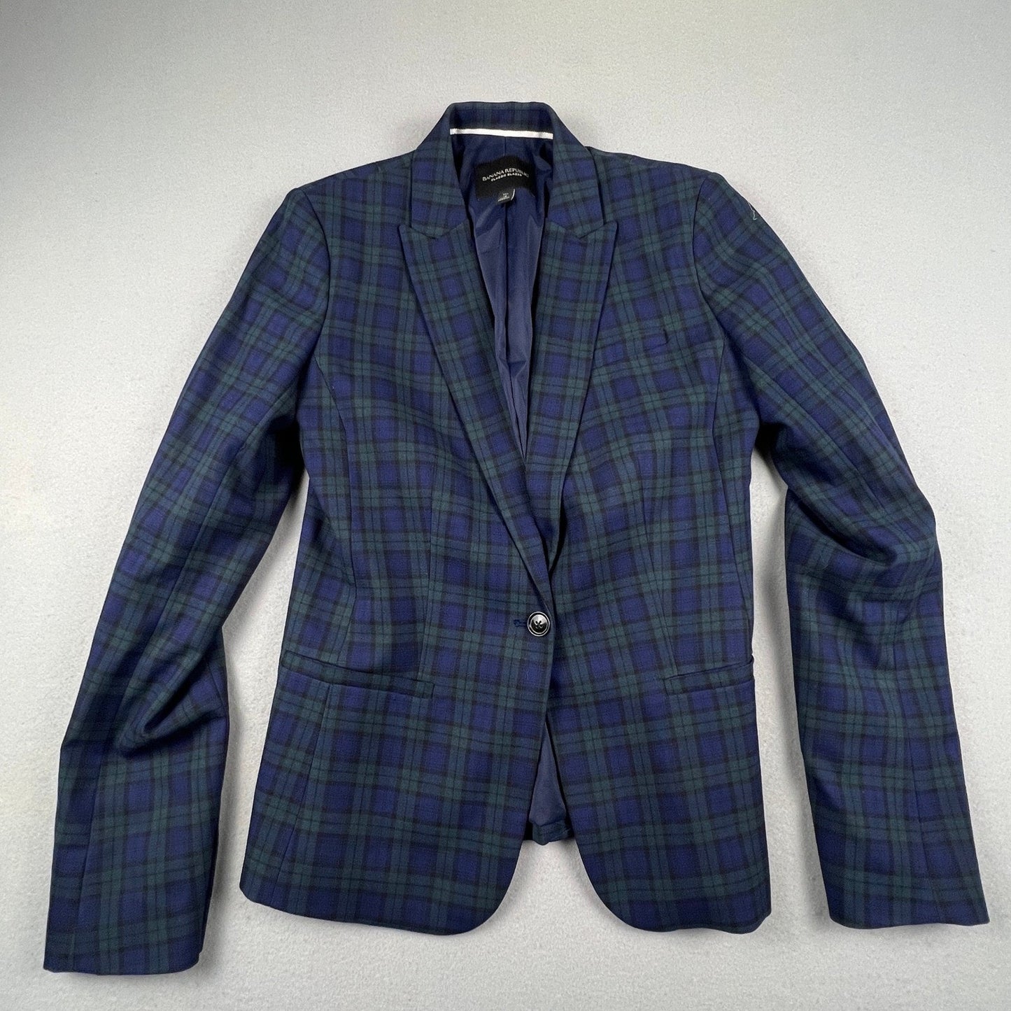 Banana Republic Classic Blazer Womens 4 Tall Navy Green Plaid Tailored Career