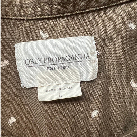 Obey Propaganda Shirt Men's Large Long Sleeve Button Down Olive Green