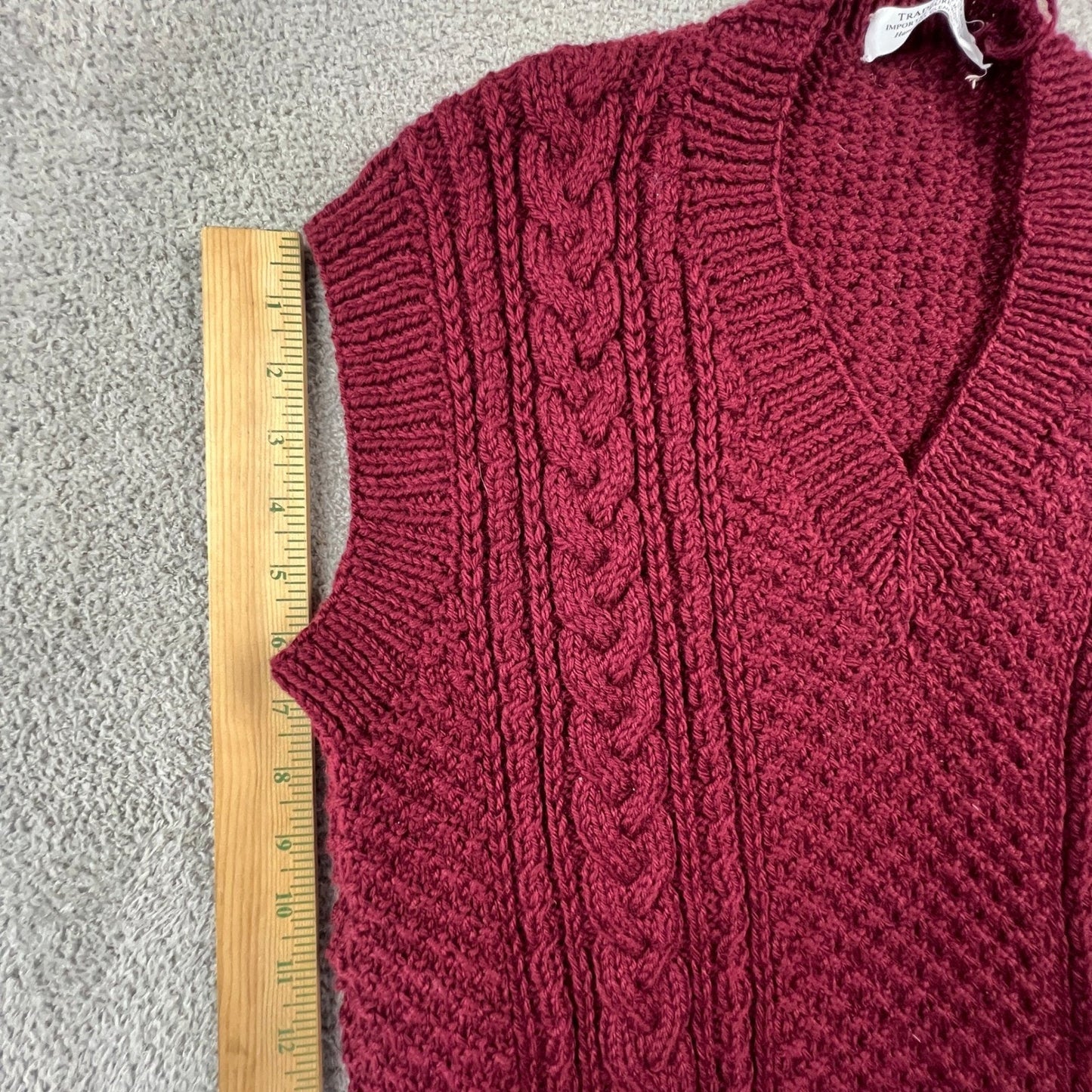 Vintage Aran Handknitted Wool Sweater Vest Women's M Burgundy V-Neck Cable Knit
