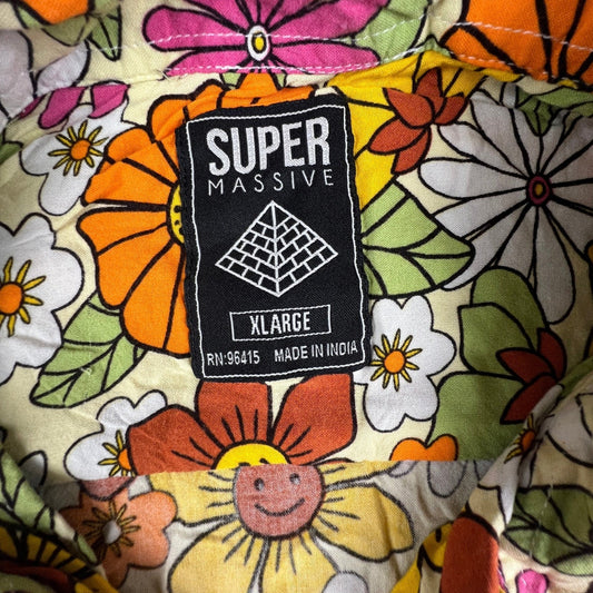 Super Massive Button Down Shirt Mens XL Floral Smiley Face Retro 70s Indie Aloha
