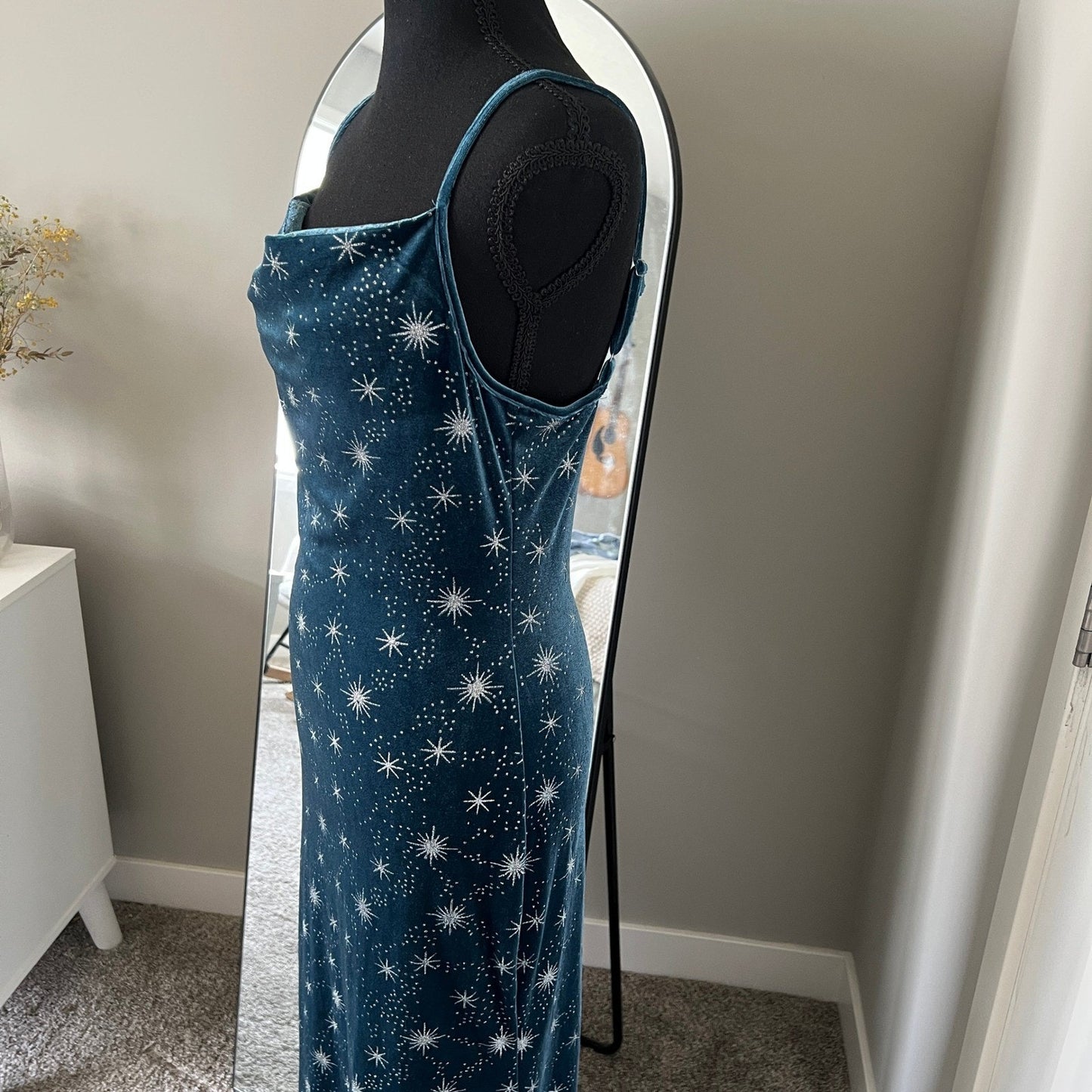 Cider Velvet Maxi Dress Womens Medium Teal Celestial Starburst Cowl Neck Party