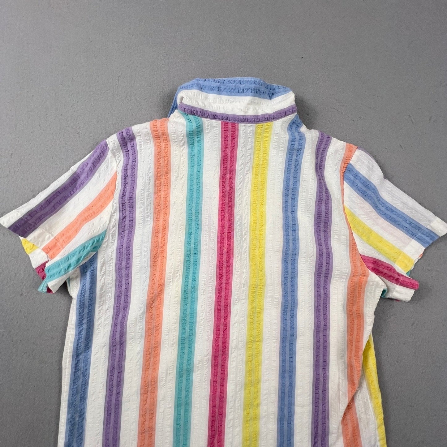 Colorful Seersucker Button Up Shirt Womens L Multi Color Rainbow Stripe Camp Top