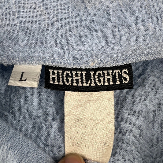 VTG Highlights Zip Up Shirt Womens Large Blue White Ribbed Panel Shoulder Pads