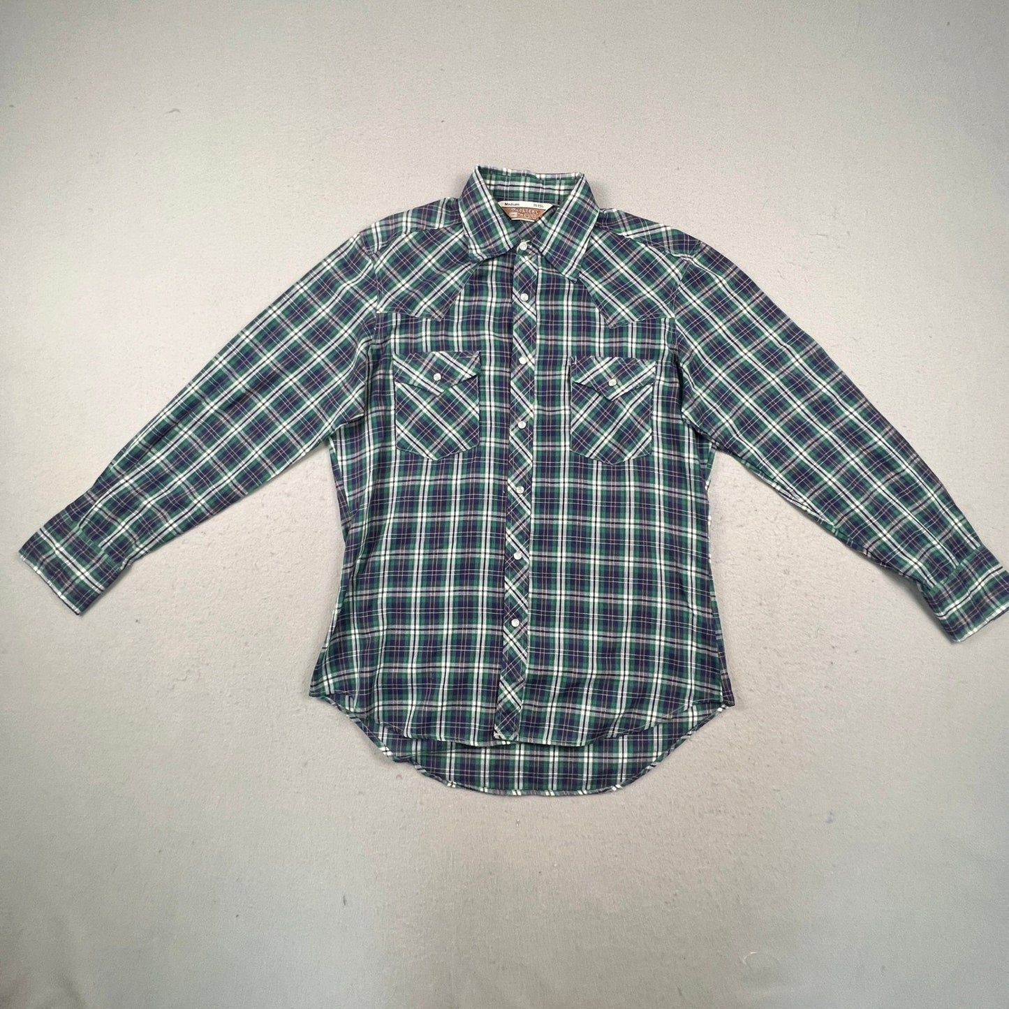 Sears Western Wear Pearl Snap Shirt Mens Medium Green Plaid Vintage Cowboy Yoke