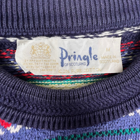 Pringle of Scotland Sweater Mens M Multi Color Fair Isle Cotton Knit Vintage 90s