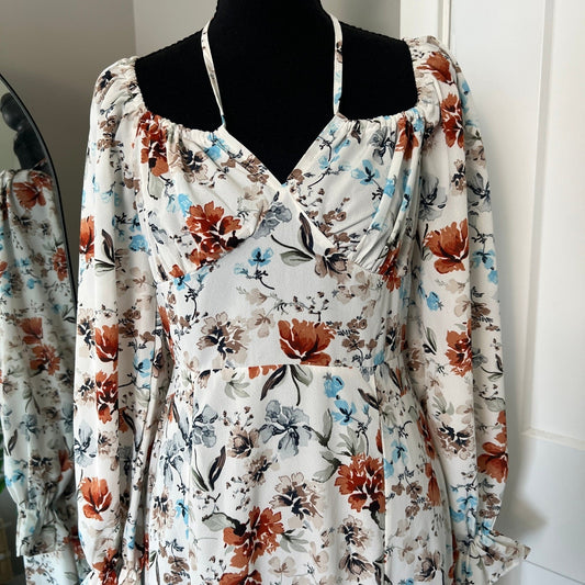 Cottagecore Floral Midi Dress Womens Small White Rust Blue Long Sleeve Bridal