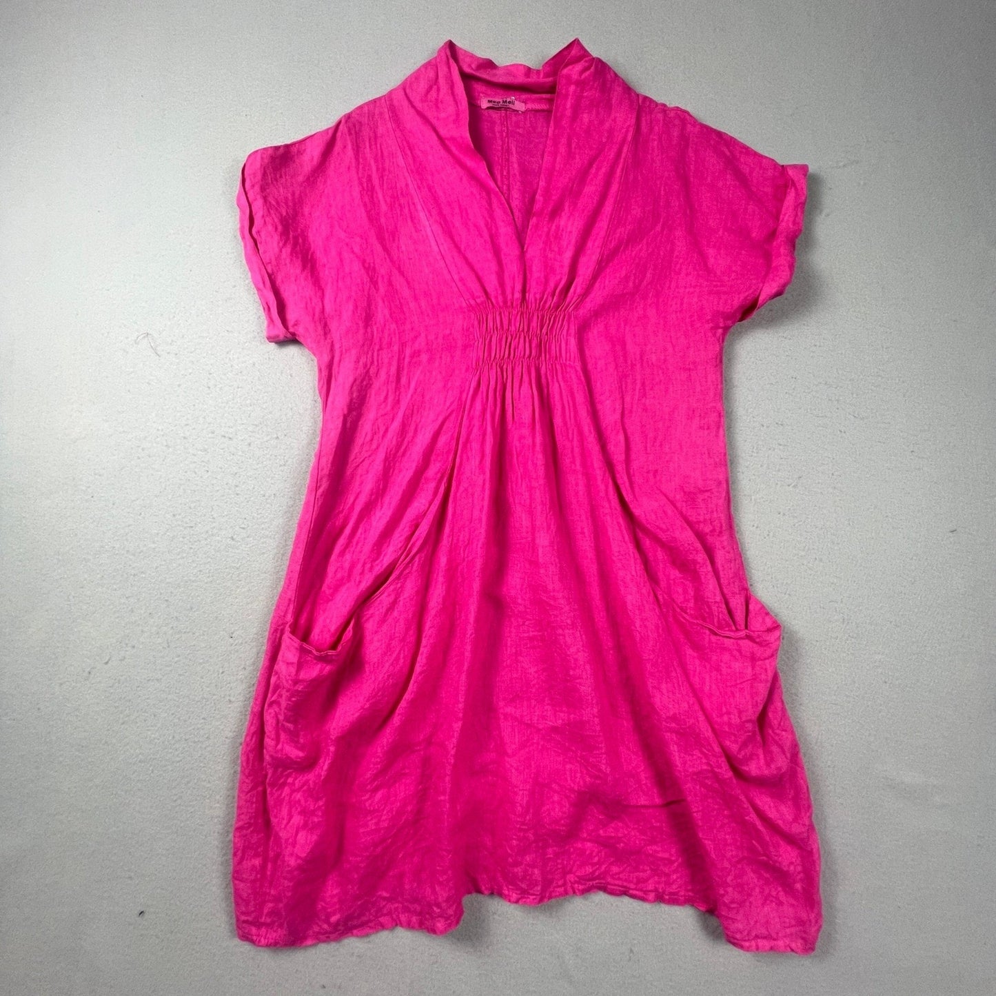 Meo Meli 100% Linen Tunic Dress Womens OS Pink V-Neck Smocked Pockets Italy Boho