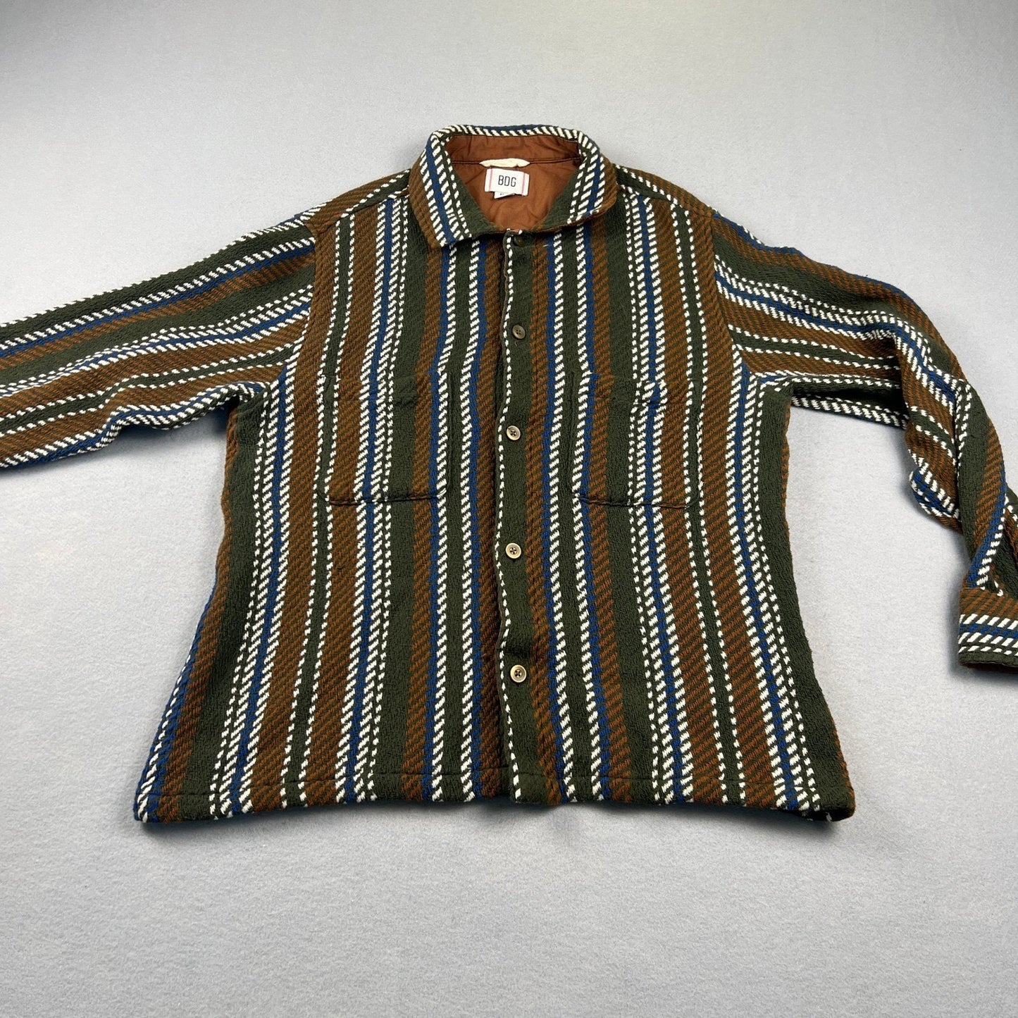 100% Cottong BDG Woven Shirt Jacket Mens Medium Green Striped Heavy Boho Workwear